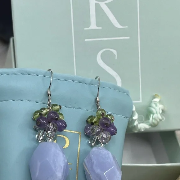 Ross-Simons Blue Agate Amethyst Peridot Quartz Cluster Dangle Earrings 11.6g - Picture 8 of 15